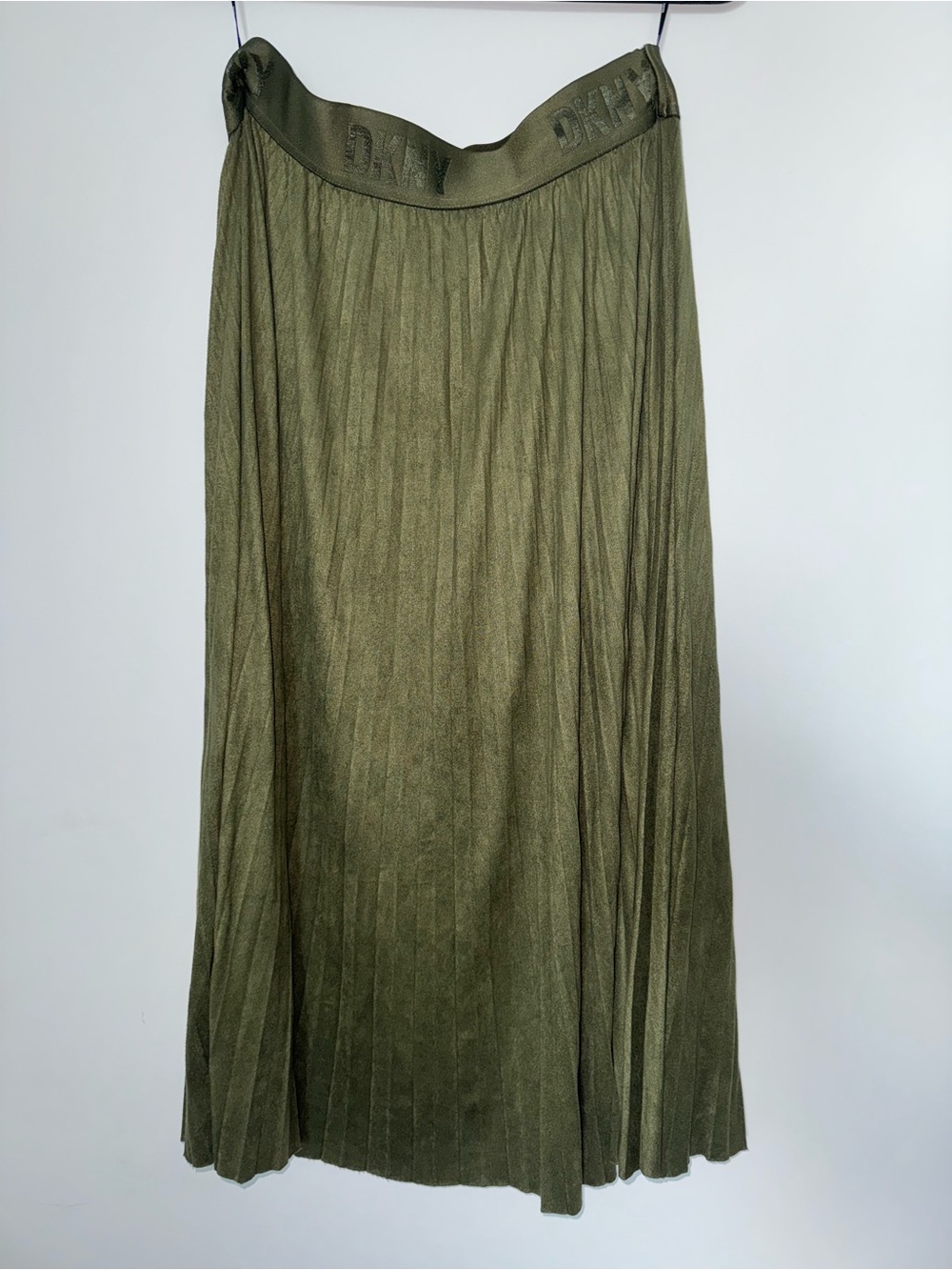 DKNY Olive Pleated Midi Skirt with Logo Waistband